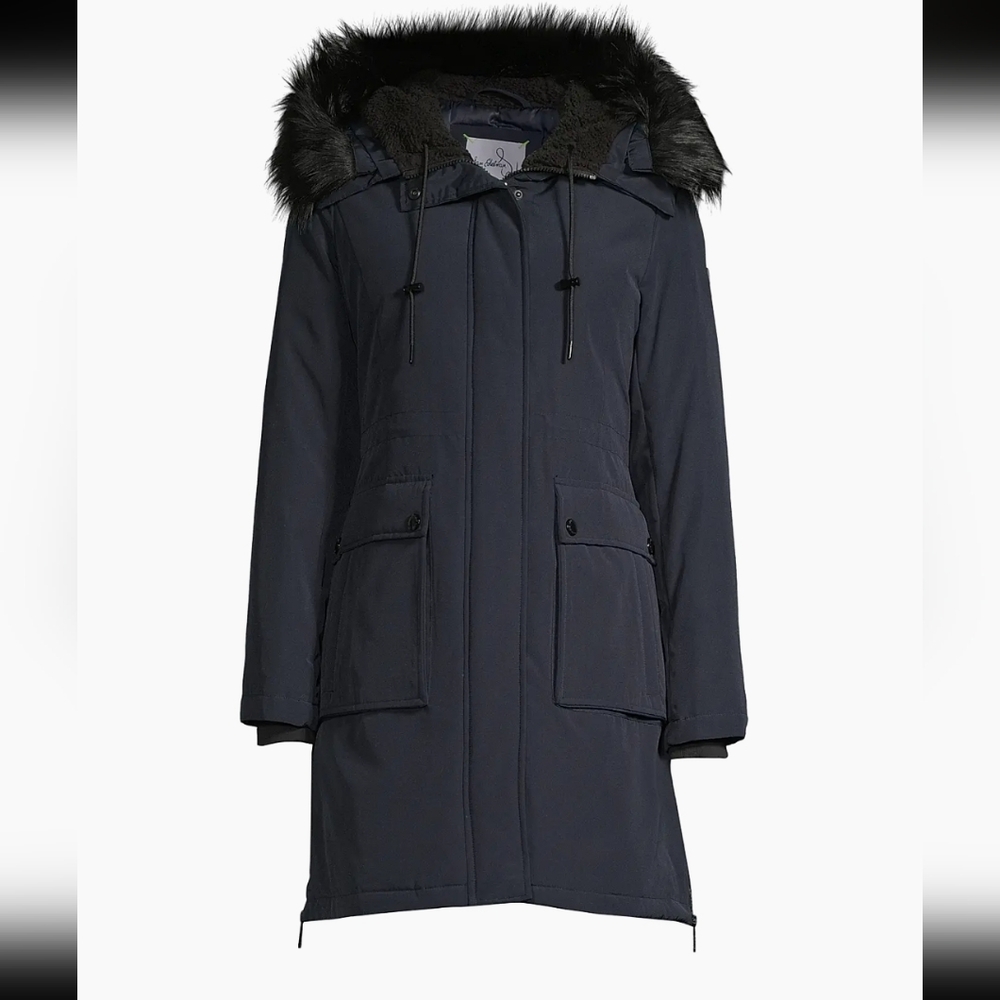 Sam Edelman Hooded Parka Navy Ski Jacket/Parka Coat with Black Faux Fur
